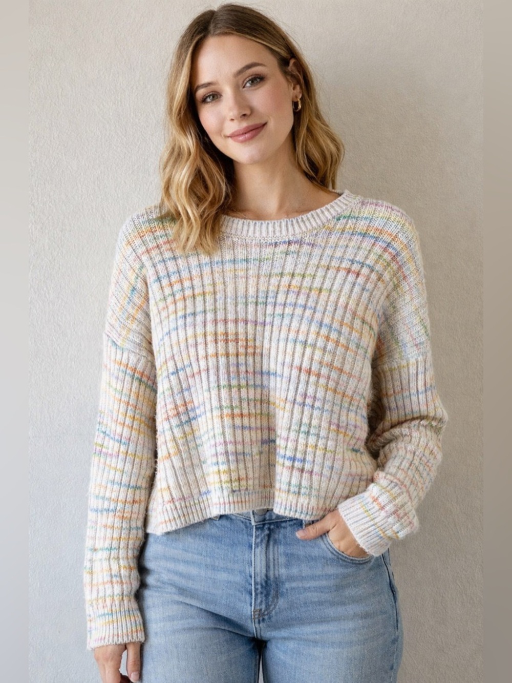 Lucky Brand Multicolor Striped Knit Sweater Size Med Slightly Cropped - preppy